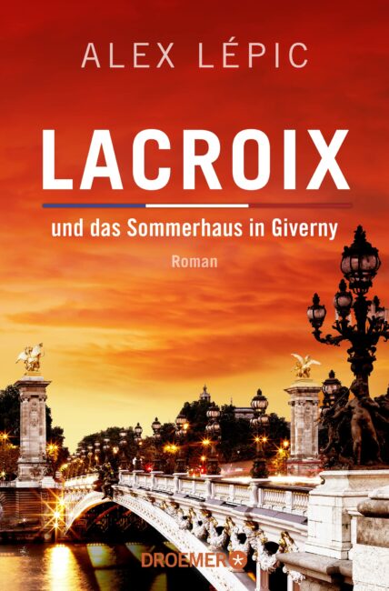 a book cover with a bridge and a street lamp